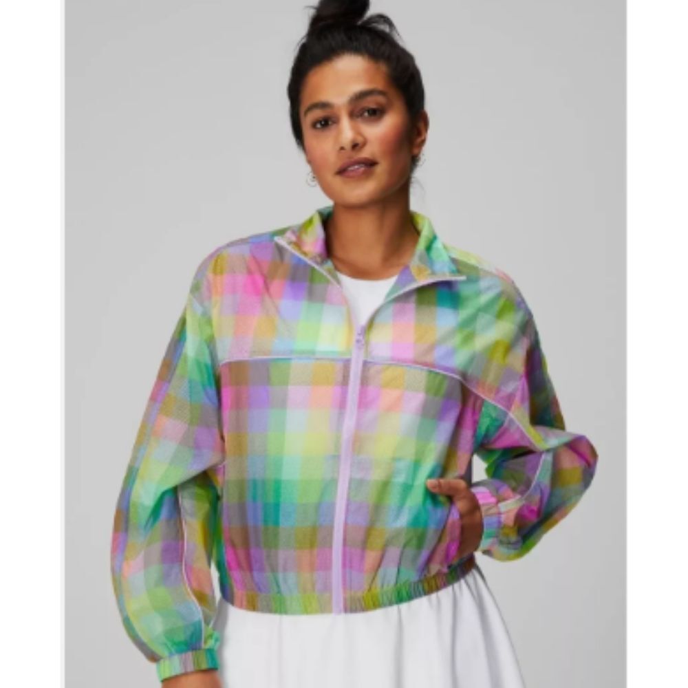 Fabletics Peyton Woven Jacket Size S Candy Check Full Zip Active Sporty Athletic